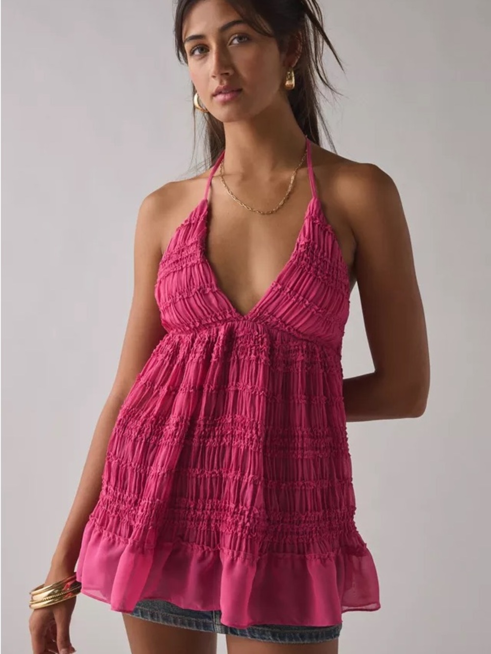 Kimchi Blue Fuchsia Pink Smocked Halter Camisole Top